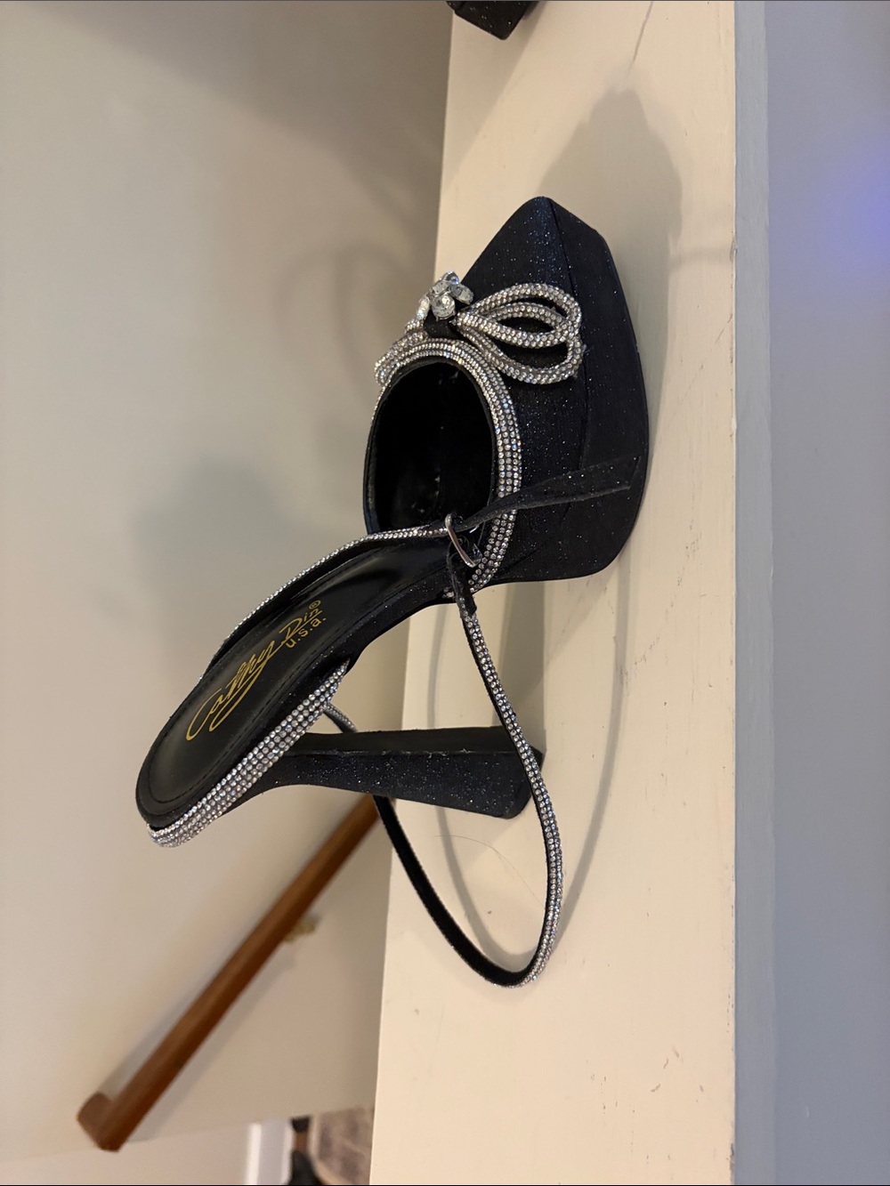 Cathy Daniels Black Glitter High Heel Sandal with Rhinestone Bow